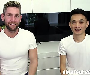 Hung bearded jock fucks tight asian twink bareback